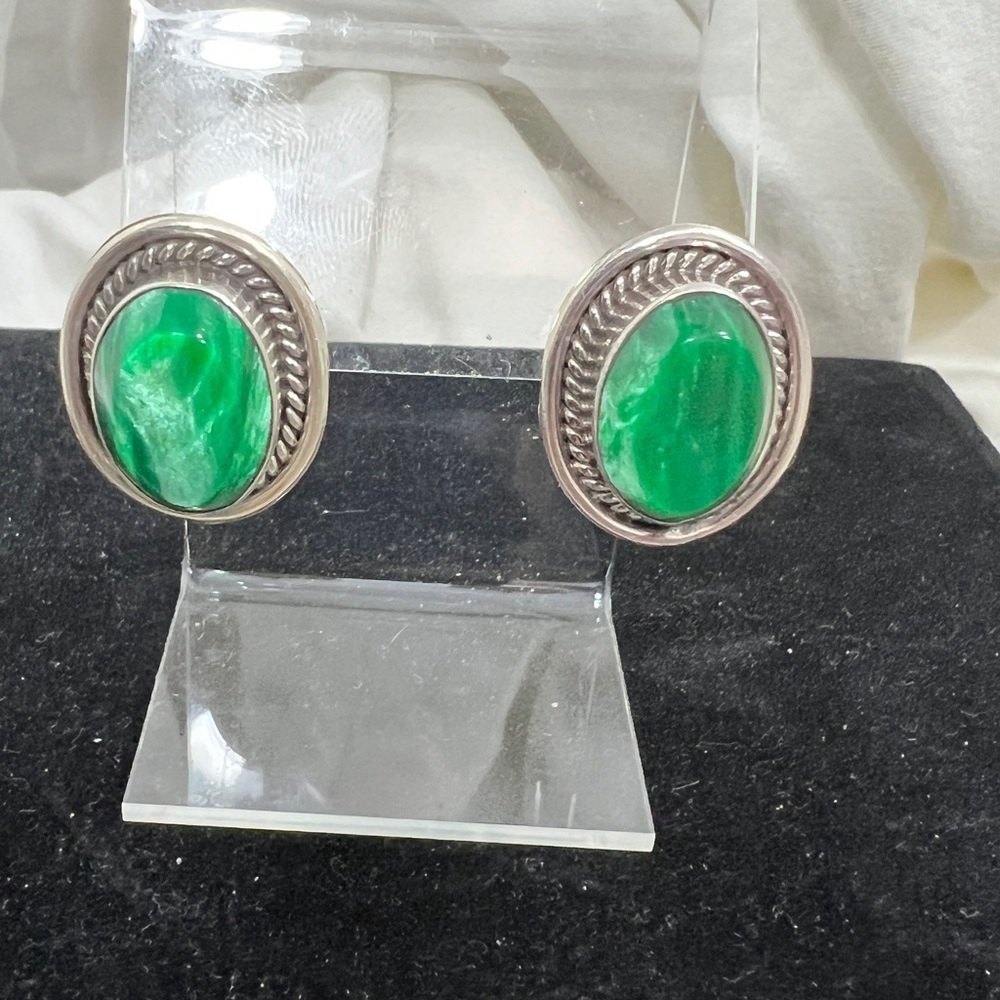 Southwest Style Silver Malachite Post Earrings With 925 Silver Signed Ea…☑️